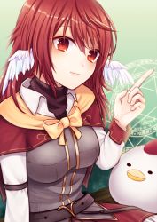 Rule 34 | 1girl, 2018, belt, bird, black belt, bow, breasts, chicken, closed mouth, collared shirt, dated, eyebrows, feathered wings, hair between eyes, hand up, head wings, index finger raised, indie virtual youtuber, kurosaki nana, long hair, long sleeves, magic circle, medium breasts, orange eyes, red hair, shirt, signature, smile, solo, straight hair, tsunohane akagi, tsunohane akagi vtube, vest, virtual youtuber, white shirt, white wings, wings, yellow bow