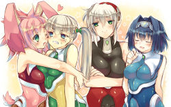 Rule 34 | 4girls, :d, ;d, alternate skin color, animal ears, asymmetrical docking, bare arms, bare shoulders, black bodysuit, blue bodysuit, blue eyes, blue hair, blush, bodysuit, breast press, breasts, clenched teeth, closed eyes, closed mouth, covered navel, crossed arms, cyborg, dominia yizkor, eyebrows, eyelashes, eyes visible through hair, facing another, facing viewer, fingernails, floppy ears, frown, gem, green bodysuit, green eyes, grey hairband, hair between eyes, hair intakes, hairband, heart, highres, hime gyo, hug, kelvena (xenogears), lips, long hair, looking at another, medium breasts, multiple girls, one eye closed, open mouth, outline, pink lips, pointy ears, rabbit ears, rabbit tail, red bodysuit, red hairband, screw, seraphita (xenogears), shiny clothes, short hair, sleeveless, small breasts, smile, star (symbol), sweat, tail, teeth, tolone (xenogears), tongue, turtleneck, twintails, upper body, white background, white hair, white outline, xenogears