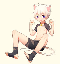 Rule 34 | 1boy, animal ears, bad id, bad pixiv id, bell, cat ears, cat tail, collar, full body, highres, long hair, looking at viewer, male focus, muma feifei, neck bell, open mouth, original, ponytail, purple eyes, shorts, simple background, smile, solo, tail, white hair