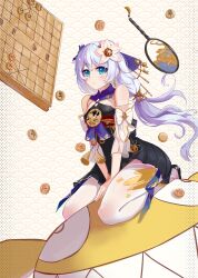 Rule 34 | 1girl, bare shoulders, blue eyes, china dress, chinese clothes, chinese commentary, closed mouth, coin, commentary, dress, flower, full body, hair between eyes, hair flower, hair ornament, highres, homu (honkai impact), honkai (series), honkai impact 3rd, long hair, looking at viewer, official alternate costume, pantyhose, seiza, shanyouyini, side ponytail, sitting, solo, theresa apocalypse, zhuge kongming (honkai impact), v-shaped eyebrows, wariza, white hair, white pantyhose, zhuge kongming (honkai impact)
