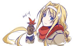 Rule 34 | 1girl, alice zuberg, alternate costume, asagi501, black shirt, blonde hair, blue eyes, braid, braided ponytail, brown gloves, brown jacket, commentary request, floating hair, from side, fur-trimmed gloves, fur trim, gloves, hair intakes, head tilt, headband, highres, holding, holding leaf, jacket, leaf, light smile, long hair, long sleeves, looking at viewer, looking to the side, portrait, red scarf, scarf, shirt, simple background, solo, sword art online, sword art online: alicization, twitter username, white background, white headband