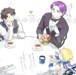 Rule 34 | 3boys, alternate costume, alternate hairstyle, aves plumbum9, blonde hair, blue eyes, blueberry, chair, coffee, colored skin, commentary request, curly hair, eating, fate/grand order, fate (series), food, formal, fruit, fujimaru ritsuka (male), fujimaru ritsuka (male) (anniversary blonde), gloves, hand on own cheek, hand on own face, highres, holy grail (fate), ice cream, long sleeves, looking at another, mephistopheles (fate), mephistopheles (formal dress) (fate), multicolored eyes, multiple boys, official alternate costume, pointy ears, purple eyes, purple hair, scarf, sitting, strawberry, suit, table, tablecloth, thick eyebrows, tick tock bomb, voyager (fate), voyager (second ascension) (fate), white background, white gloves, white skin