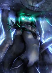 Rule 34 | 10s, 1girl, abyssal ship, aqua eyes, backlighting, bodysuit, cape, ebizome, gloves, glowing, glowing eyes, hat, kantai collection, long hair, pale skin, silver hair, solo, wo-class aircraft carrier