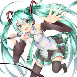 Rule 34 | 1girl, aqua eyes, aqua hair, bad id, bad pixiv id, bare shoulders, black thighhighs, chikuwa savy, detached sleeves, hair ornament, hatsune miku, headset, jacket, long hair, long sleeves, looking at viewer, microphone, necktie, open clothes, open jacket, shirt, skirt, smile, solo, thighhighs, twintails, very long hair, vocaloid, wide sleeves, zettai ryouiki