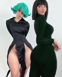 Rule 34 | 2girls, ass, black dress, black hair, breasts, cosplay, doppelganger, dress, feet out of frame, fubuki (one-punch man), green dress, green hair, highres, large breasts, looking at viewer, looking to the side, multiple girls, one-punch man, one eye covered, photo (medium), real life, serious, smile, sunnyrayyxo, tatsumaki