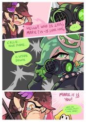 Rule 34 | + +, 3girls, callie (splatoon), collar, commentary, cousins, earrings, english text, food, food on head, gas mask, gloves, gomipomi, green eyes, green hair, highres, holding, holding umbrella, inkling, japanese clothes, jewelry, kimono, layered clothes, layered kimono, long hair, long sleeves, marie (splatoon), mask, mole, mole under eye, multiple girls, nintendo, obi, object on head, oil-paper umbrella, open mouth, pointy ears, role reversal, sash, short hair, spiked collar, spikes, splatoon (series), splatoon 2, squid, squidbeak splatoon, standing, sushi, tentacle hair, umbrella