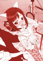 Rule 34 | 10s, 1girl, :d, animal ears, anus, blush, bottomless, grabbing another&#039;s breast, cat ears, cat tail, clothed sex, collarbone, detached sleeves, fang, grabbing, hand on headphones, headphones, heart, heart necklace, holding another&#039;s tail, idolmaster, idolmaster cinderella girls, jewelry, looking at viewer, maekawa miku, microphone, monochrome, necklace, open mouth, paw pose, penis, pop filter, red theme, script, sex, smile, tail, tail grab, u (the unko), uncensored, vaginal
