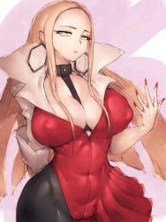 Rule 34 | 1girl, arm behind back, blonde hair, bodysuit, breasts, cameltoe, choker, cleavage, closed mouth, covered erect nipples, covered navel, creatures (company), dress, earrings, forehead, fumio (rsqkr), game freak, green eyes, highres, hoop earrings, jewelry, lab coat, large breasts, long hair, looking down, nail polish, nintendo, oleana (pokemon), pantyhose, pink background, pokemon, pokemon swsh, red dress, short sleeves, sidelocks, skin tight, solo, thighs, two-tone background, white background, wide hips