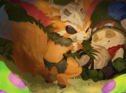 Rule 34 | 2boys, black eyes, brown pants, closed eyes, fur, fur collar, ghostgrass, gloves, gnar (league of legends), goggles, goggles on headwear, grass, green footwear, green gloves, green headwear, grin, hair ornament, highres, league of legends, loincloth, looking at viewer, looking back, multiple boys, mushroom, pants, skull hair ornament, smile, squatting, tail, teemo, teeth, yordle