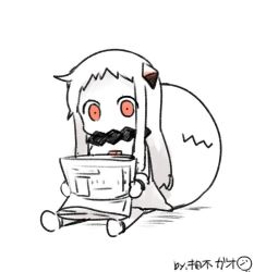 Rule 34 | 10s, 1girl, abyssal ship, artist name, chibi, colored skin, commentary request, covered mouth, dress, holding, horns, kantai collection, long hair, mittens, newspaper, northern ocean princess, red eyes, simple background, sitting, solo, white background, white dress, white hair, white skin, yuzuki gao