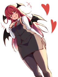 Rule 34 | +++, 1girl, :d, bat wings, black pantyhose, black skirt, black vest, blush, breasts, collared shirt, commentary request, dutch angle, fang, feet out of frame, from below, hair between eyes, hand on own chest, hand up, head wings, heart, highres, koakuma, long hair, long sleeves, looking at viewer, medium breasts, nagomian, necktie, open mouth, pantyhose, red eyes, red hair, red necktie, shirt, simple background, sketch, skirt, smile, solo, standing, thighs, touhou, very long hair, vest, white background, white shirt, wings