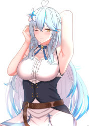 Rule 34 | 1girl, absurdres, ahoge, arm up, armpits, bare shoulders, belt, blue hair, blue ribbon, blush, braid, breasts, cleavage, closed mouth, corset, crossed bangs, dress, elina (eri15), flower, hair flower, hair ornament, half updo, highres, hololive, large breasts, long hair, looking at viewer, multicolored hair, one eye closed, pointy ears, ribbon, simple background, solo, streaked hair, virtual youtuber, white background, white dress, yellow eyes, yukihana lamy