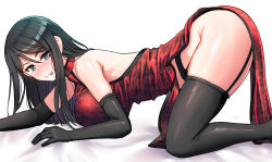Rule 34 | 1girl, all fours, bare shoulders, black gloves, black hair, black thighhighs, blush, breasts, china dress, chinese clothes, dress, elbow gloves, garter straps, gloves, green eyes, highres, large breasts, long hair, looking at viewer, original, pelvic curtain, red dress, smile, solo, thighhighs, thighs, tongue, tongue out, top-down bottom-up, youshuu