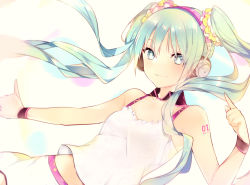 Rule 34 | 1girl, aqua eyes, aqua hair, bare shoulders, blue eyes, blue hair, breasts, closed mouth, collarbone, female focus, floating hair, hair between eyes, hatsune miku, headphones, long hair, looking at viewer, lpip, shirt, simple background, sleeveless, sleeveless shirt, small breasts, smile, solo, twintails, very long hair, vocaloid, white background, wrist cuffs