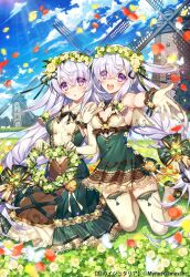 Rule 34 | 2girls, :d, age of ishtaria, blue sky, breasts, brown footwear, bug, butterfly, cloud, copyright name, copyright notice, dress, falling petals, flower, gloves, grass, green dress, green ribbon, hair flower, hair flower band, hair ornament, hair ribbon, highres, ianos (age of ishtaria), insect, kneeling, leaf, looking at viewer, medium breasts, multiple girls, munlu (wolupus), official art, on grass, open mouth, outdoors, outstretched arm, petals, purple eyes, purple hair, ribbon, sitting, sky, sleeveless, sleeveless dress, smile, teeth, thighhighs, upper teeth only, white gloves, white thighhighs, windmill