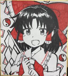 Rule 34 | 1girl, :d, ascot, bare shoulders, black hair, bow, detached sleeves, frilled bow, frilled hair tubes, frilled shirt collar, frills, gohei, hair bow, hair tubes, hakurei reimu, happy, highres, holding, holding gohei, limited palette, long sleeves, ofuda, open mouth, orb, red bow, red ribbon, red shirt, ribbon, ribbon-trimmed sleeves, ribbon trim, shirt, short hair, sidelocks, sleeveless, sleeveless shirt, smile, touhou, traditional media, upper body, wide sleeves, yakousei no kame, yin yang, yin yang orb