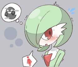 Rule 34 | 1girl, averting eyes, blush, bob cut, colored skin, creatures (company), embarrassed, female focus, flat chest, flying sweatdrops, game freak, gardevoir, gen 3 pokemon, ghost, green hair, green skin, grey background, hair over one eye, have to pee, jaggy lines, looking to the side, multicolored skin, nintendo, one eye covered, open mouth, pokemon, pokemon (creature), pokemon tower ghost, red eyes, scared, short hair, simple background, solo, speech bubble, sweat, talking, tebasaki (877877ice), thought bubble, two-tone skin, upper body, white skin
