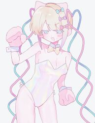 Rule 34 | 1girl, animal ears, animal hands, bare shoulders, blonde hair, blue bow, blue eyes, blue hair, blush stickers, bow, breasts, cat ears, chouzetsusaikawa tenshi-chan, cowboy shot, daten route, detached collar, fake animal ears, gloves, hair bow, hand up, heart, highres, leotard, long hair, looking at viewer, medium breasts, multicolored hair, needy girl overdose, nial, official alternate costume, open mouth, paw gloves, pink bow, pink hair, purple bow, quad tails, smile, solo, standing, strapless, strapless leotard, wrist cuffs