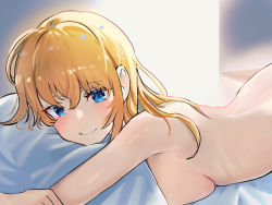 Rule 34 | 1girl, back, bed sheet, blonde hair, blue eyes, blush, breast press, breasts, closed mouth, completely nude, girls&#039; frontline, highres, large breasts, long hair, looking at viewer, lying, mosin-nagant (girls&#039; frontline), nude, hugging object, on bed, on stomach, pillow, pillow hug, smile, solo, solokitsune, upper body
