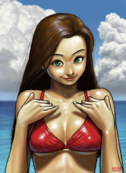 Rule 34 | 1girl, breasts, closed mouth, cloud, cumulonimbus cloud, green eyes, hand on own chest, long hair, looking at viewer, matataku, original, smile, solo, swimsuit, upturned eyes