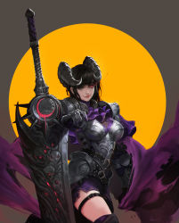 Rule 34 | 1girl, absurdres, armor, black hair, boobplate, breastplate, cape, clawed gauntlets, closed mouth, crescent moon, demon girl, demon horns, dripping, gauntlets, glowing, glowing eyes, glowing weapon, gradient background, grey eyes, heterochromia, highres, horns, huge weapon, medium hair, mole, mole under eye, moon, original, pauldrons, pink eyes, pink lips, purple cape, resolution mismatch, san mufan, shoulder armor, skull, smile, solo, source larger, sword, thigh strap, torn cape, torn clothes, weapon