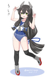Rule 34 | 1girl, black hair, black thighhighs, blouse, blue one-piece swimsuit, commentary request, crop top, dated, full body, green eyes, grey neckerchief, hair ribbon, headgear, i-47 (kancolle), index fingers raised, kantai collection, long hair, low-tied long hair, masara (chuujou), neckerchief, one-hour drawing challenge, one-piece swimsuit, ribbon, rudder footwear, sailor collar, sailor shirt, school swimsuit, see-through, see-through skirt, shirt, sidelocks, simple background, skirt, sleeveless, sleeveless shirt, solo, standing, swimsuit, swimsuit under clothes, thighhighs, tress ribbon, twitter username, white background, white sailor collar