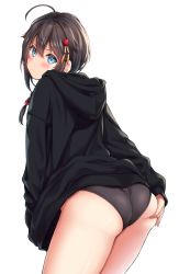 Rule 34 | 1girl, ahoge, alternate costume, ass, ass grab, black hair, black hoodie, black panties, blue eyes, blush, braid, closed mouth, commentary request, from behind, grabbing own ass, hair ornament, hair ribbon, highres, hood, hood down, hoodie, kantai collection, leaning forward, long hair, long sleeves, looking at viewer, looking back, panties, red ribbon, ribbon, shigure (kancolle), shigure kai ni (kancolle), single braid, sleeves past wrists, solo, thighs, underwear, yammy