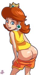 Rule 34 | 1girl, ass, brown hair, butt crack, clothes pull, dimples of venus, earrings, highres, jewelry, mario (series), mooning, nintendo, orange shorts, princess daisy, shorts, shorts pull, smile, solo, super mario bros. 1, super mario land, tomboy
