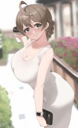 Rule 34 | 1girl, absurdres, ahoge, blurry, blurry background, braid, breasts, brown hair, cleavage, collarbone, cup, dress, flower, french braid, garden, green eyes, highres, holding, holding cup, idolmaster, idolmaster million live!, large breasts, lens flare, light brown hair, looking at viewer, looking to the side, sakuramori kaori, skin tight, solo, tomid, tumbler, twisted torso, watch, white dress, wristwatch