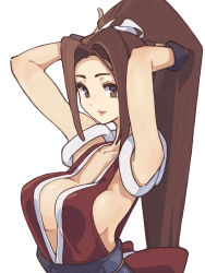 Rule 34 | 1girl, bare shoulders, breasts, brown eyes, brown hair, collarbone, fatal fury, high ponytail, highres, japanese clothes, ninja, ooiwa (irc14786149), parted bangs, revealing clothes, shiranui mai, simple background, sleeveless, smile, solo, the king of fighters, the king of fighters xv, upper body, white background