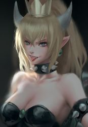 Rule 34 | 1girl, armlet, bare shoulders, black dress, blonde hair, blue eyes, borrowed design, bowsette, breasts, chuby mi, cleavage, collar, collarbone, crown, dress, earrings, hair between eyes, highres, horns, jewelry, large breasts, looking at viewer, mario (series), new super mario bros. u deluxe, nintendo, open mouth, pointy ears, ponytail, sharp teeth, solo, spiked armlet, spiked collar, spikes, strapless, strapless dress, super crown, teeth, tongue, tongue out, turtle shell