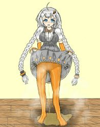 Rule 34 | 1girl, ahoge, blue eyes, blush, braid, breasts, clothes lift, dress, dress lift, elbow gloves, embarrassed, female focus, fingerless gloves, full body, gloves, grey dress, grey hair, gusoku, hair ornament, hands up, highres, indoors, kizuna akari, lifted by self, long hair, looking at viewer, medium breasts, nose blush, orange gloves, orange pantyhose, pantyhose, puddle, shirt, short sleeves, sleeveless, sleeveless dress, solo, standing, steam, striped clothes, striped gloves, striped pantyhose, textless version, twin braids, very long hair, voiceroid, wet, wet clothes, white shirt