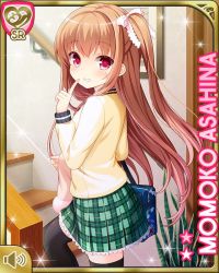 Rule 34 | 1girl, asahina momoko, badge, bag, black thighhighs, bow, brown hair, button badge, card (medium), character name, clenched teeth, closed mouth, day, girlfriend (kari), hair bow, hair ribbon, indoors, necktie, official art, one side up, plaid, plaid skirt, polka dot, polka dot bow, qp:flapper, red eyes, ribbon, school uniform, side ponytail, skirt, smile, solo, stairs, sweater, teeth, thighhighs, walking