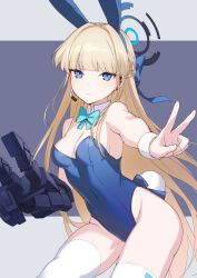 Rule 34 | 1girl, absurdres, animal ear hairband, animal ears, blonde hair, blue archive, blue eyes, blue hair, blue leotard, braid, breasts, cleavage, collar, detached collar, fake animal ears, fake tail, french braid, highres, leotard, long hair, looking at viewer, mechanical arms, medium breasts, multicolored hair, official alternate costume, rabbit ear hairband, rabbit ears, rabbit tail, sarukichi, solo, strapless, strapless leotard, streaked hair, tail, thighhighs, toki (blue archive), toki (bunny) (blue archive), v, white collar, white thighhighs, white wrist cuffs, wrist cuffs