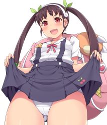Rule 34 | 1girl, :d, amane hasuhito, backpack, bag, black skirt, blush, brown hair, clothes lift, fang, hachikuji mayoi, hairband, lifting own clothes, long hair, monogatari (series), open mouth, panties, red eyes, school uniform, shirt, short sleeves, simple background, skin fang, skirt, skirt lift, smile, solo, suspender skirt, suspenders, twintails, underwear, white background, white hairband, white panties, white shirt