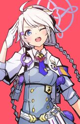 Rule 34 | 1girl, ahoge, blue archive, blue eyes, braid, breasts, gloves, gradient hair, grey hair, grey hat, hair ornament, hairclip, halo, hat, highres, holstered, kirino (blue archive), long hair, looking at viewer, medium breasts, mikaku (vbvpahw9), multicolored hair, one eye closed, open mouth, red background, salute, shirt, simple background, solo, teeth, twin braids, upper teeth only, very long hair, white gloves, white hair