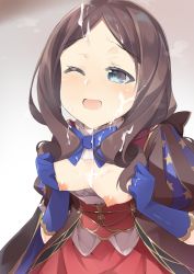 Rule 34 | 1girl, ;d, blue bow, blue eyes, blue gloves, blush, bow, breasts, breasts out, brown hair, clothes pull, collar, commentary request, cowboy shot, cum, cum on body, cum on clothes, cum on hair, cum on upper body, dress, dress pull, facial, fate/grand order, fate (series), forehead, frilled collar, frills, gloves, hair bow, leonardo da vinci (fate), leonardo da vinci (fate/grand order), leonardo da vinci (rider) (fate), looking up, nipples, one eye closed, open mouth, parted bangs, ponytail, puffy sleeves, red dress, sasakura, simple background, small breasts, smile, solo, star (symbol), star print