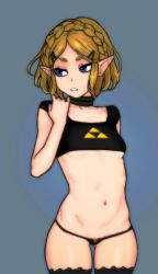 Rule 34 | 1girl, bare arms, bdsm, black collar, black shirt, black thighhighs, blonde hair, blue eyes, braid, breasts, collar, collarbone, commentary, crown braid, hair ornament, hairclip, looking to the side, micro panties, navel, nintendo, panties, parted bangs, pointy ears, princess zelda, shirt, short hair, slave, small breasts, solo, standing, teeth, the legend of zelda, the legend of zelda: breath of the wild, the legend of zelda: tears of the kingdom, thick eyebrows, thighhighs, underwear, wabaki