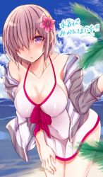 Rule 34 | 1girl, beach, breasts, cleavage, cloud, cloudy sky, covered erect nipples, covered navel, day, fate/grand order, fate (series), flower, hair flower, hair ornament, hair over one eye, hand on leg, highres, jacket, large breasts, leaning forward, mash kyrielight, mash kyrielight (swimsuit of perpetual summer), ocean, official alternate costume, open clothes, open jacket, outdoors, purple eyes, purple hair, shisei (kyuushoku banchou), short hair, sky, solo, swimsuit, water