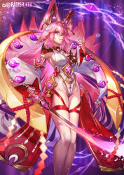 Rule 34 | 1girl, absurdres, animal ears, breasts, commentary, detached sleeves, earrings, english commentary, fox ears, genshin impact, hair between eyes, hair ornament, highres, holding, holding weapon, japanese clothes, jewelry, large breasts, lightning, long hair, long sleeves, looking at viewer, nontraditional miko, pink hair, purple eyes, radishkek, sideboob, solo, sword, thighs, weapon, wide sleeves, yae miko