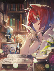 Rule 34 | 1girl, a-er (akkij0358), ange katrina, blue eyes, blurry, blurry foreground, book, bookshelf, character doll, colored inner hair, from behind, hair between eyes, hair intakes, highres, inui toko, multicolored hair, nijisanji, open book, photo (object), quill, red hair, sebastian piyodore, short hair, solo, triangle hair ornament, virtual youtuber