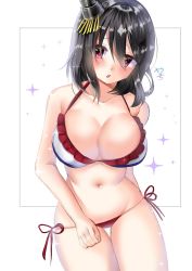 Rule 34 | 1girl, bare shoulders, bikini, black hair, blush, breasts, cleavage, cowboy shot, frilled bikini, frills, highres, kantai collection, large breasts, looking to the side, navel, open mouth, red eyes, short hair, solo, swimsuit, viwop, white bikini, yamashiro (kancolle)