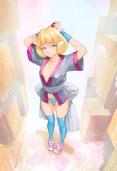 Rule 34 | 1girl, arms up, blonde hair, blue panties, blue thighhighs, closed mouth, collarbone, commentary request, creatures (company), full body, game freak, green eyes, greta (pokemon), grey jacket, grey sash, highres, holding, holding poke ball, jacket, looking at viewer, navel, nintendo, panties, pigeon-toed, pink footwear, poke ball, poke ball (basic), pokemon, pokemon emerald, pokemon rse, shoes, short hair, short sleeves, smile, sneakers, solo, standing, thighhighs, underwear, wristband, yugen99