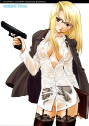 Rule 34 | blonde hair, book, brown eyes, fullmetal alchemist, garter belt, glasses, gun, highres, manga (object), nipples, riza hawkeye, thighhighs, weapon