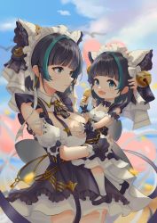 Rule 34 | 2girls, absurdres, aged down, animal ears, apron, aqua eyes, azur lane, bell, breasts, cheshire (azur lane), cleavage, clothing cutout, detached sleeves, eugen (fsq3000), fake animal ears, fang, food, frilled hairband, frilled ribbon, frills, grey hair, hair bell, hair ornament, hairband, highres, holding, holding food, ice cream, large breasts, lifting person, little cheshire (azur lane), long ribbon, maid headdress, multicolored hair, multiple girls, puffy detached sleeves, puffy sleeves, purple apron, ribbon, shoulder cutout, skin fang, socks, streaked hair, two-tone hair, white socks, wrist cuffs