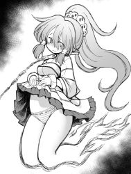 Rule 34 | 1girl, blush, breasts, chain, closed mouth, clothes lift, cuffs, dress, dress lift, foul detective satori, full body, ghost tail, greyscale, hair between eyes, hair ornament, large breasts, lifted by self, long hair, long sleeves, miyadeguchi mizuchi, monochrome, panties, ponytail, shackles, skull hair ornament, solo, spoilers, striped clothes, striped dress, striped panties, tomoki tomonori, touhou, underwear