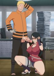 Rule 34 | 1boy, 1girl, absurdres, age difference, alternate breast size, awesomegio, black hair, blonde hair, boruto: naruto next generations, cheating (relationship), clothed sex, covered erect nipples, curvy, desktop, erection, facial mark, glasses, hetero, highres, indoors, long sleeves, naruto (series), naughty face, office, older man and younger girl, open-toe shoes, papers, penis, sandals, sex, short hair, short sleeves, squatting, thick thighs, thighs, uchiha sarada, uzumaki naruto, whisker markings