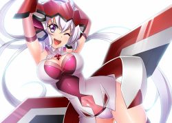 Rule 34 | 1girl, ahoge, arms up, blush, breasts, cleavage, commentary request, covered navel, elbow gloves, gloves, hair between eyes, headgear, large breasts, leotard, light purple hair, long hair, looking at viewer, nyanmaru, one eye closed, open mouth, purple eyes, red gloves, senki zesshou symphogear, shiny clothes, shiny skin, simple background, smile, solo, teeth, thighhighs, twintails, very long hair, white background, yukine chris