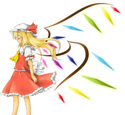 Rule 34 | 1girl, ascot, blonde hair, blouse, closed eyes, collared shirt, female focus, flandre scarlet, from side, hat, long hair, miki (mizuki), mob cap, shirt, simple background, solo, touhou, white background, white hat, white shirt, wings