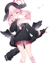 Rule 34 | 1girl, aoitsuki, beret, black wings, blue archive, bolt action, feathered wings, gun, halo, hand on own face, hat, head wings, highres, koharu (blue archive), low wings, miniskirt, neckerchief, off shoulder, p14 enfield, pink eyes, pink hair, pink neckerchief, rifle, school uniform, skirt, sleeves past wrists, solo, twintails, weapon, wings